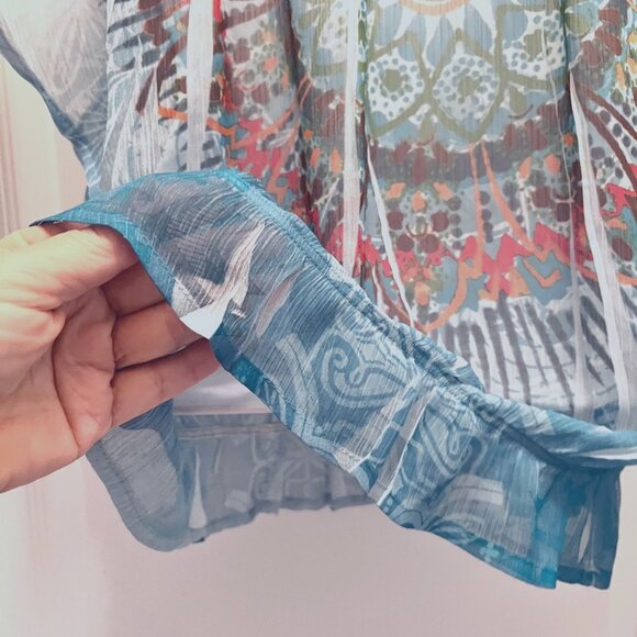 Bongo-Women's Sheer Short Flowy Sleeves Top-Necklace Built in-Med-Blue Boho - Picture 10 of 16